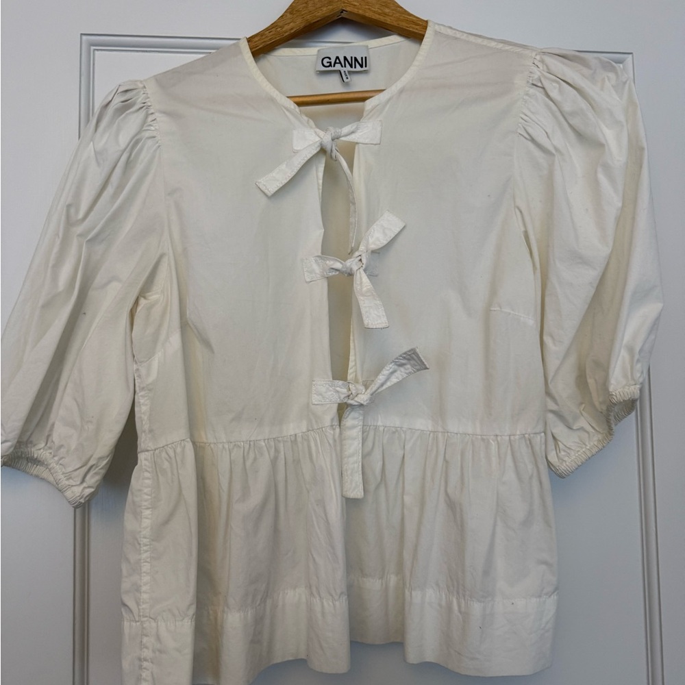 Ganni Ivory Bow-Front Peplum Blouse